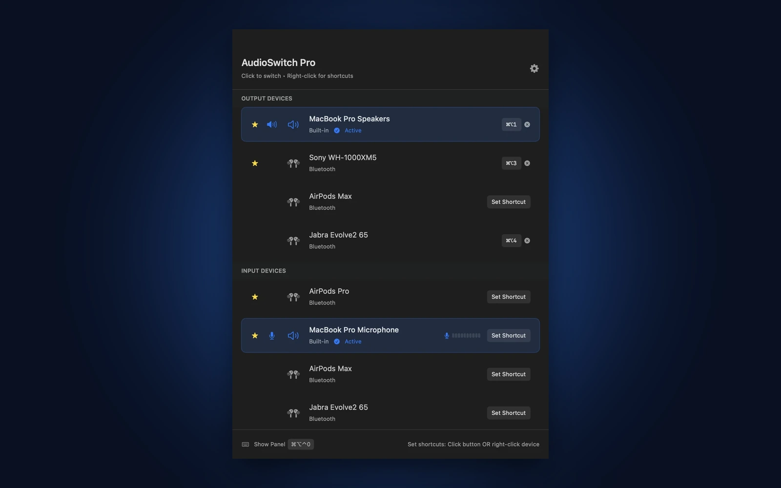 AudioSwitch Pro native macOS CoreAudio device switcher interface