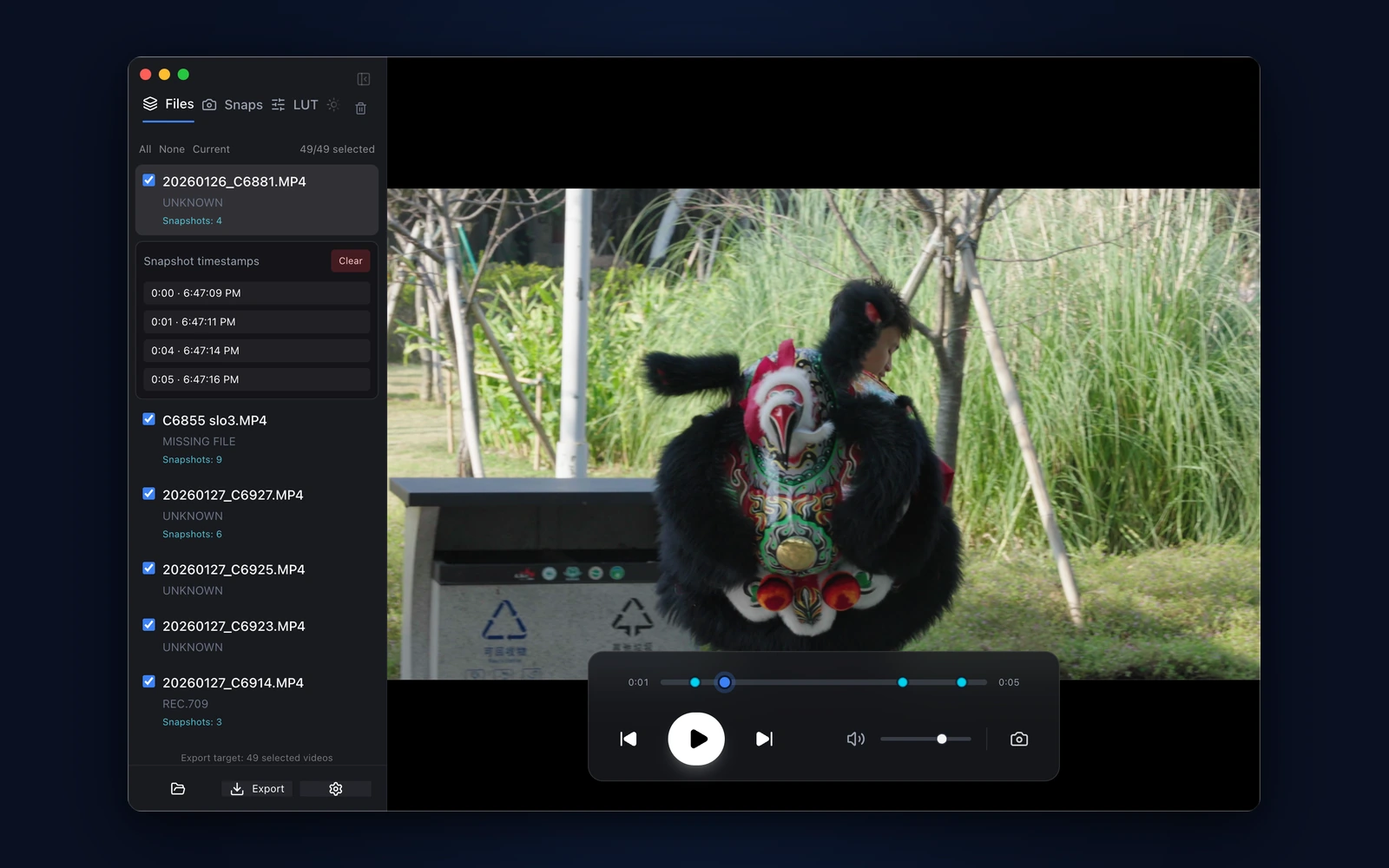 CineSnap macOS Log video viewer, 3D LUT real-time preview, and color grading snapshot interface