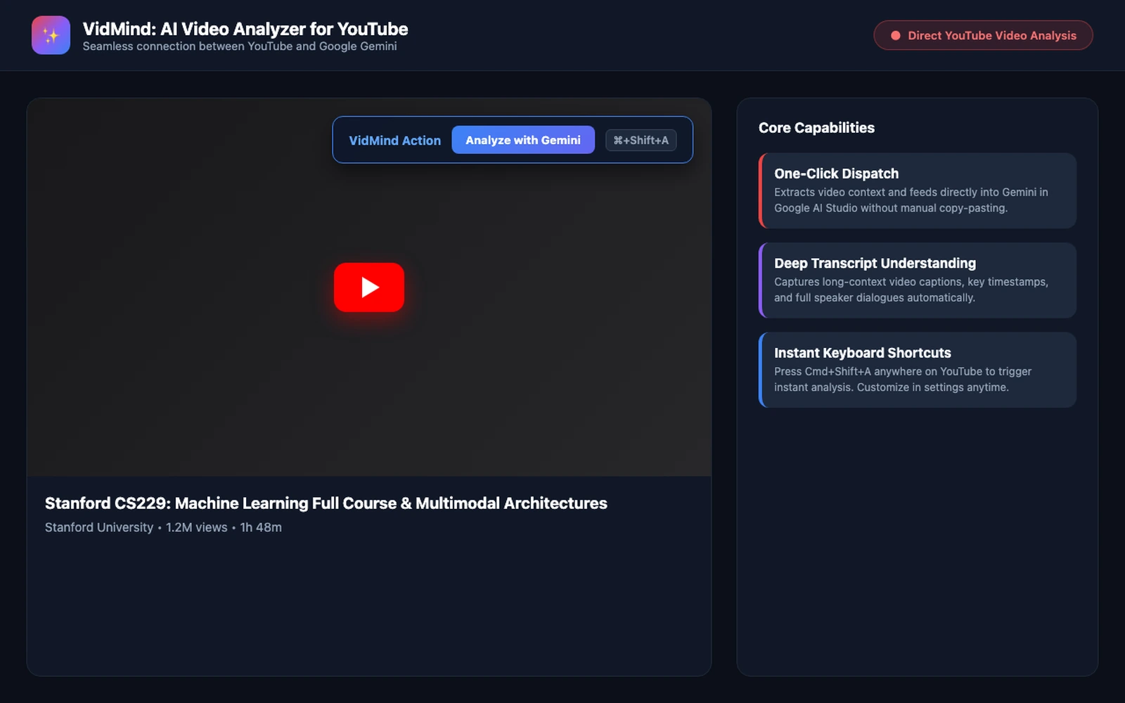 VidMind AI Video Analyzer Chrome extension interface